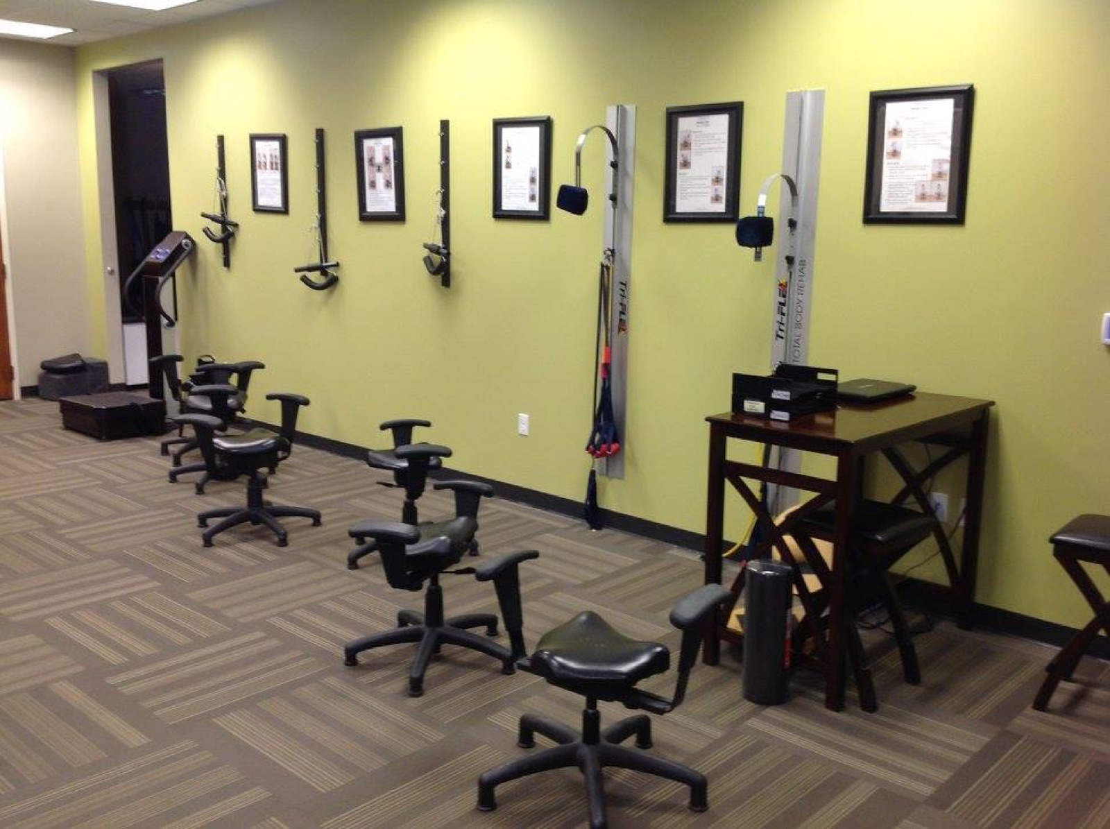 Wobble chairs and neck traction in the therapy room